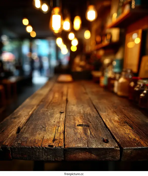 Rustic Wooden Tabletop in a Cafe Setting