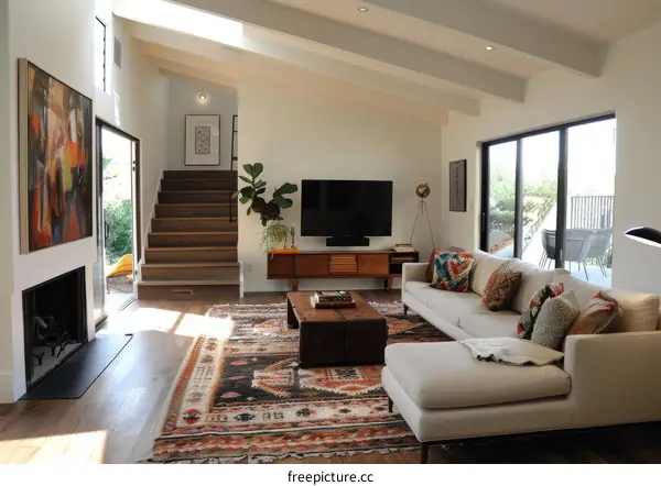 Mid-Century Modern Living Room With Colorful Rug