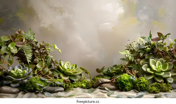 Succulent Plants and Moss on a Stone Background