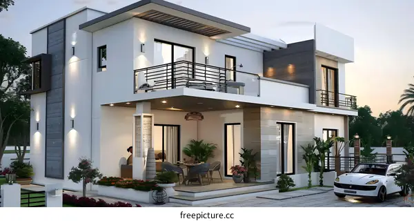 Modern Two Storey House with Balcony and Garden