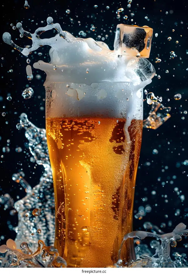 Glass of Beer with Ice Cube Splashing Water Droplets