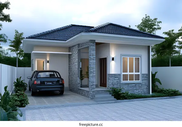 Modern House Design With Stone Facade And Garage