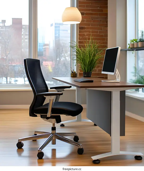 Modern Office Workspace with Desk, Chair, and Window View