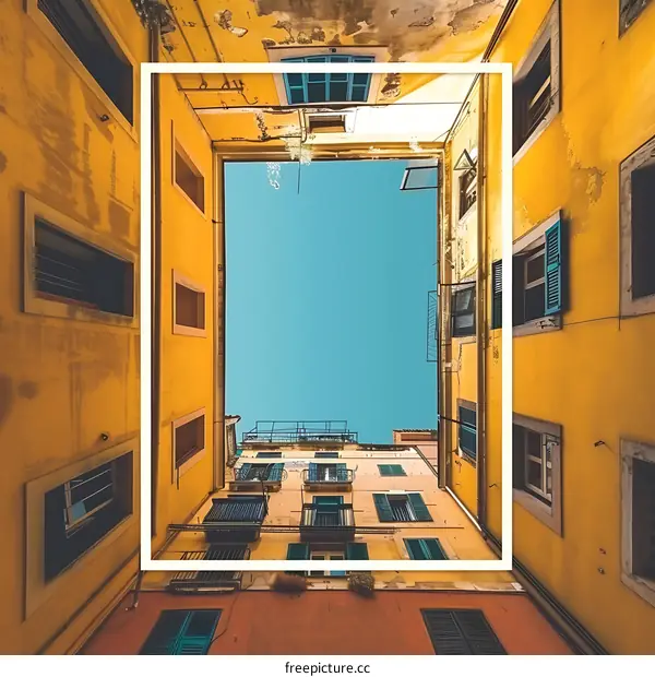 Upward View of a Yellow Building with White Frame and Blue Sky