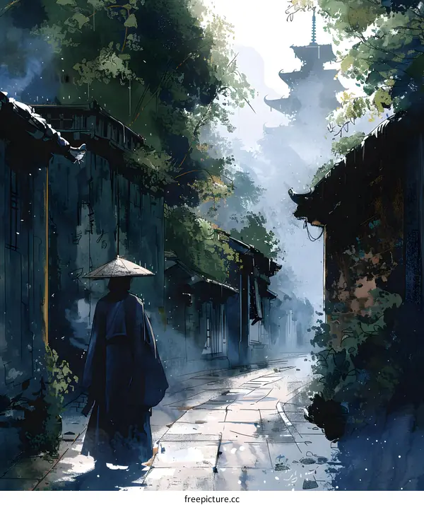 A lone traveler walking through an ancient Chinese village