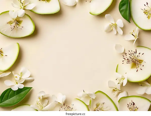 Apple Blossom and Green Apple Slices on a Light Background
