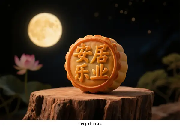 Mooncake with 'Peaceful Living' Inscription Under Full Moon