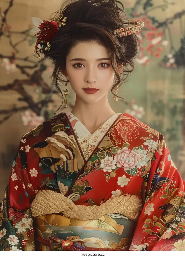 Japanese Woman in Traditional Kimono with Floral Pattern