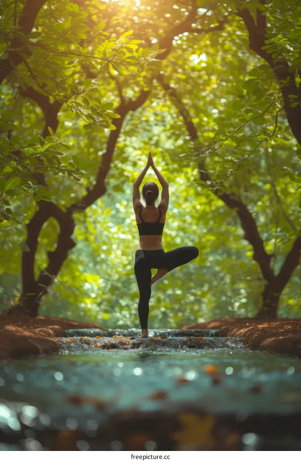 Woman practicing yoga in a beautiful forest near a river