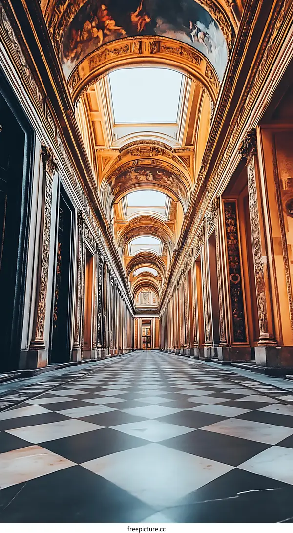 Checkered Floor Hallway With Golden Arches And Paintings