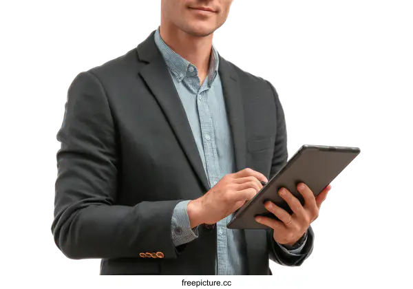 [Transparent Background PNG]Businessman Using Tablet in Formal Attire