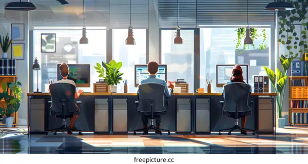 Three people working in an office