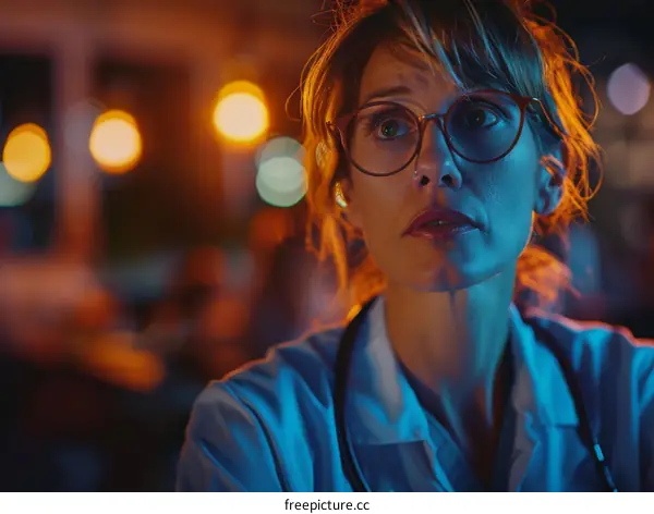 Portrait of a serious female doctor wearing glasses looking at something or someone
