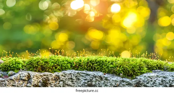 Green Moss On Stone With Blurred Background