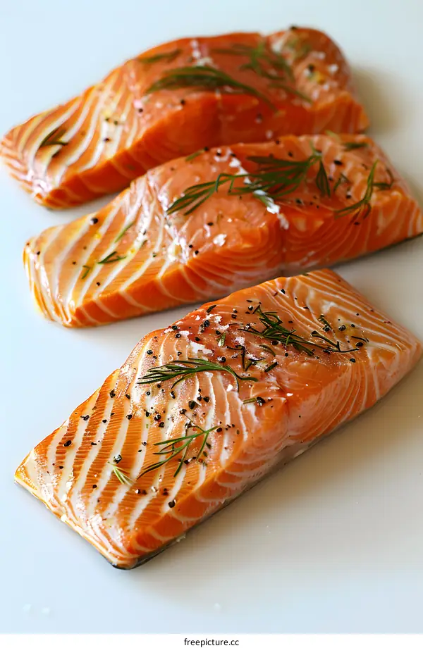 Three pieces of raw salmon fillet with dill and peppercorns
