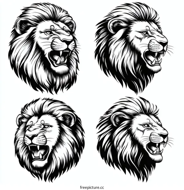 Four Lion Head Illustrations in Various Angles