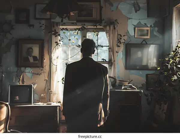 Man Standing in a Room with Old Furniture and a Window