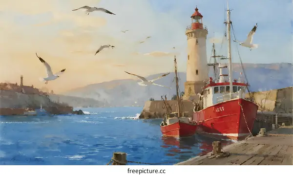 Red Fishing Boats Moored Near Lighthouse by Calm Sea