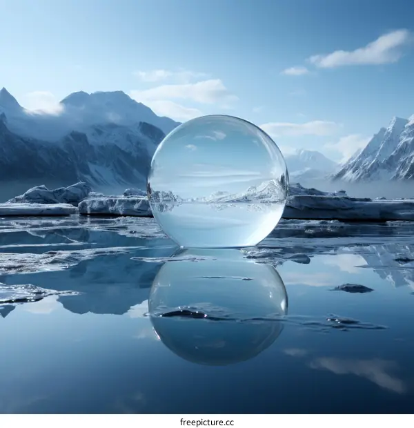 Crystal ball on frozen lake reflects icy mountains and blue sky