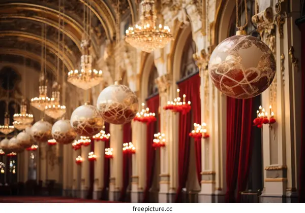 Grand Hallway with Red Curtains and Ornate Christmas Decorations
