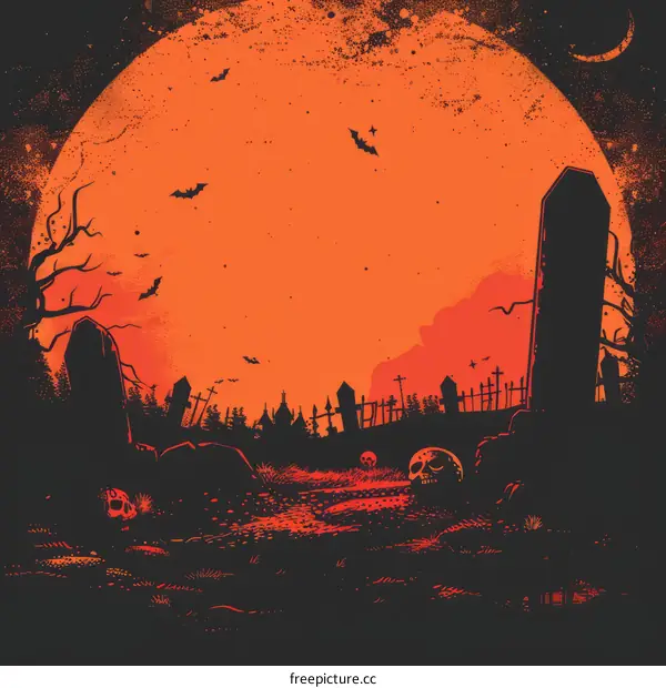 Spooky Graveyard Scene with Tombstones, Bats, and an Orange Moon