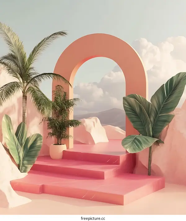 Pink Archway With Palm Trees and Stairs