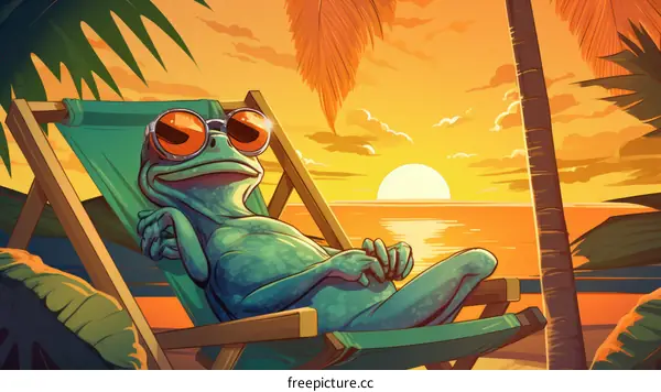 A Frog Wearing Sunglasses Relaxes on a Beach Chair