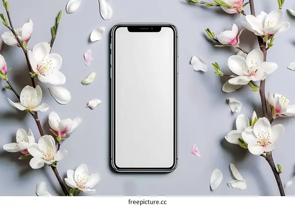 White Flowers and a Phone on a Gray Background
