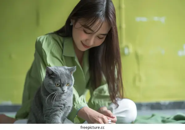 A young woman is playing with a gray cat on the floor