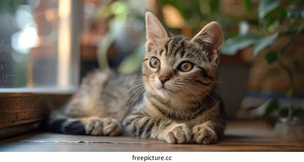 Cute Tabby Cat Sitting on a Wooden Table