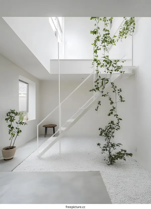 Minimalist White Interior Design with Indoor Plants and White Gravel Floor