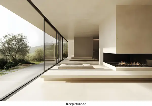 Modern Minimalist Living Room with Fireplace and Large Windows