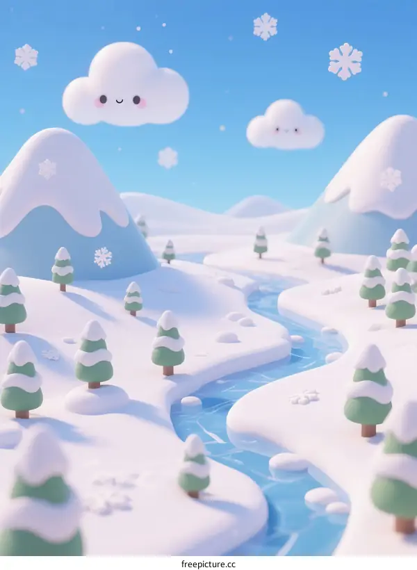 Cute 3D Snowy Winter Landscape with Smiling Clouds and River