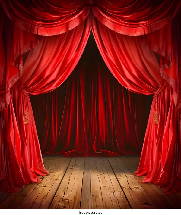 Red Velvet Stage Curtains with Wooden Floor