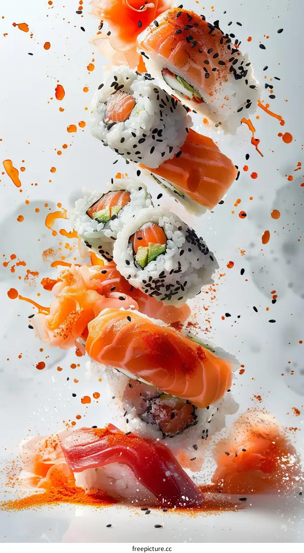 Assorted Sushi Morsels Tumbling Against a White Backdrop