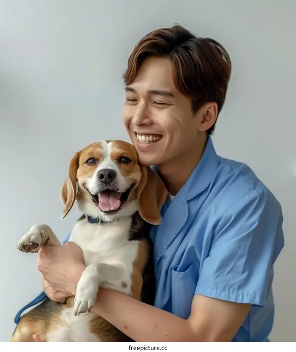 Asian male veterinarian hugging a beagle
