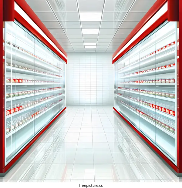 Empty Supermarket Aisle with Refrigerator Shelves