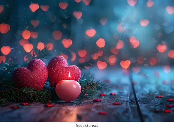 Pink candle and red hearts