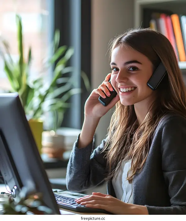 Businesswoman Talking on Phone While Working on Computer