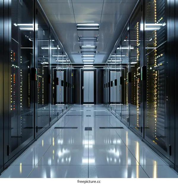 Modern Server Room Interior with Glass Doors and Rows of Servers