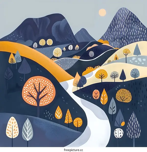 Abstract Illustration of Mountain Landscape with Winding Road