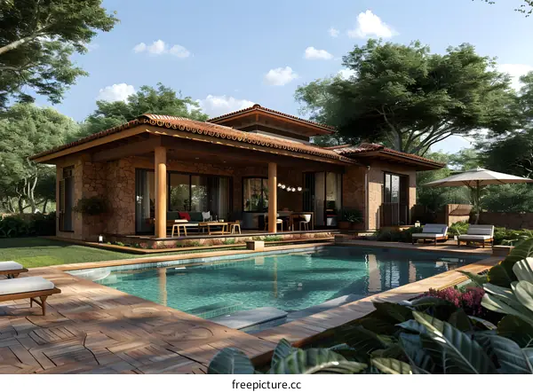 Courtyard house with swimming pool and trees