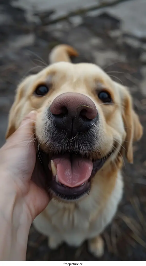 A golden retriever dog smiling with its tongue out while being petted on the head by a human hand