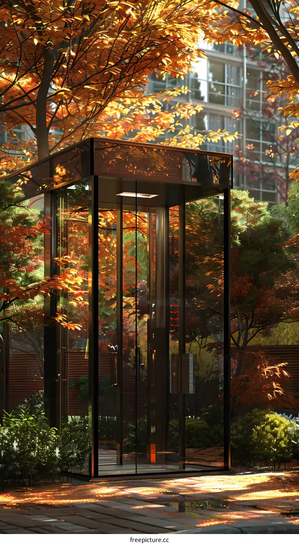 Autumn Leaves and Glass Elevator in Modern Architecture