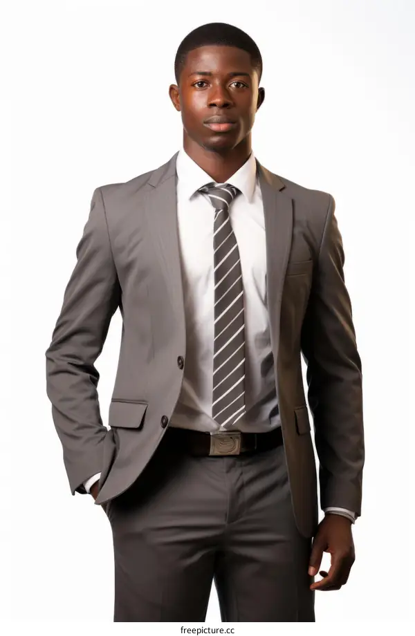 Young African American businessman in suit with hand in pocket