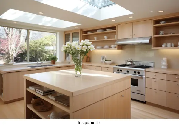 Kitchen island with a vase of flowers