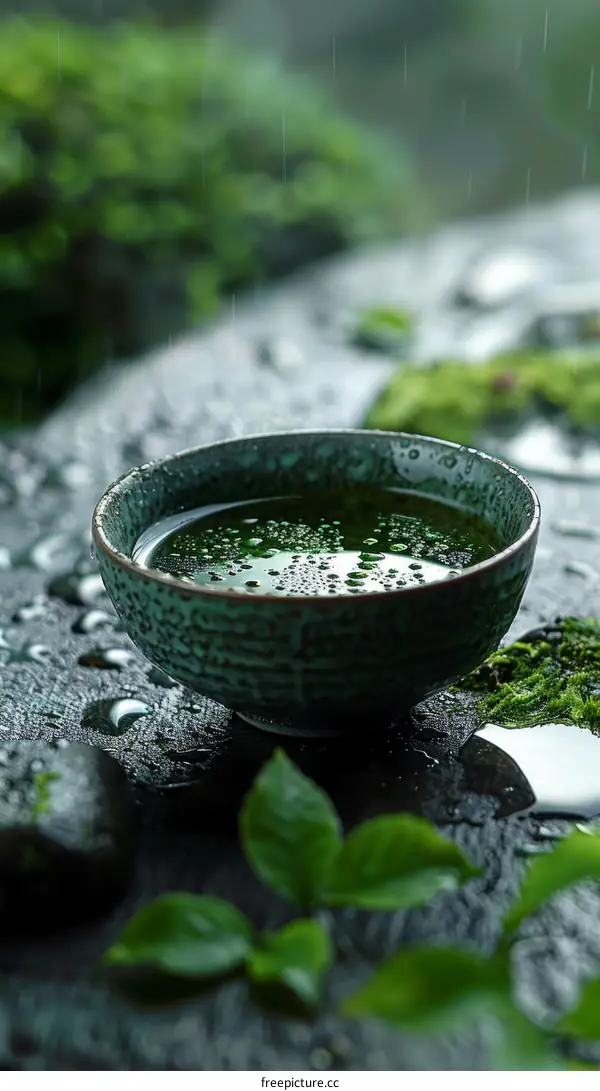 Green tea in a ceramic bowl on a stone table in the rain