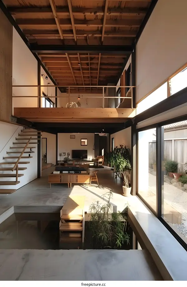 Modern Japanese Style Home Interior Design with Wooden Beams and Concrete Floor