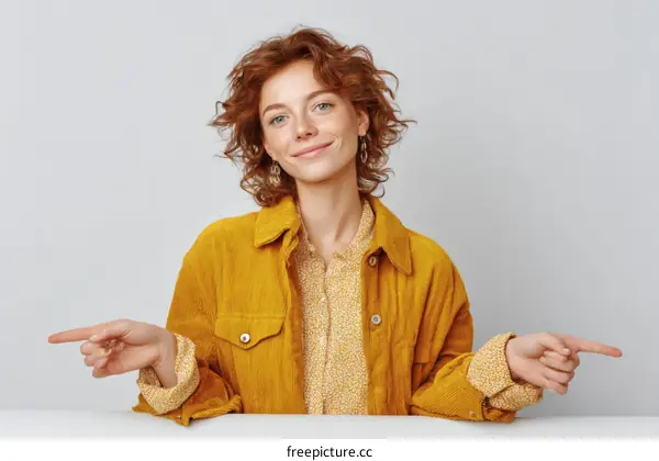 Smiling Woman in Mustard Yellow Jacket Pointing