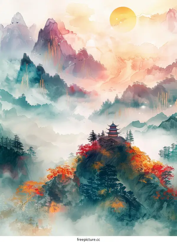 Tranquil Mountain Temple at Sunset Illustration